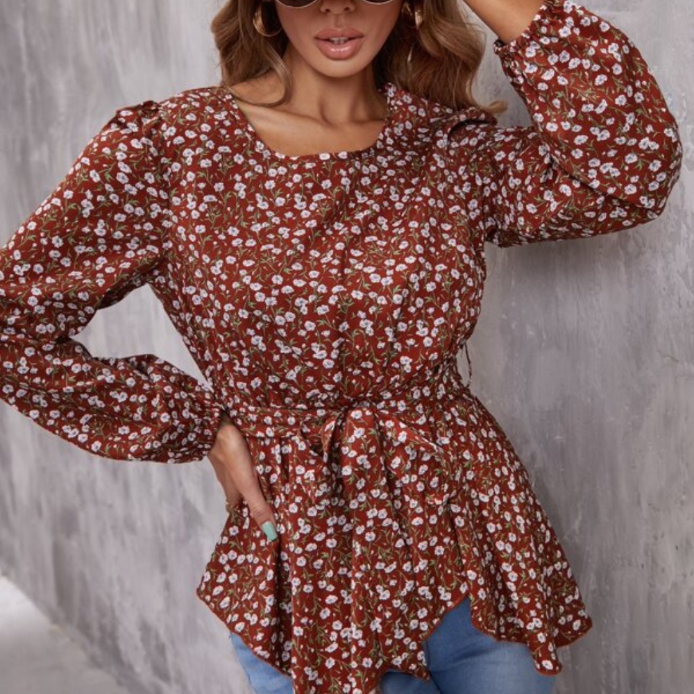 Bohemian Floral Print Lantern Sleeve Top Cottagecore - Picture 2 of 5